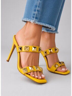 Yellow Gold Studded Double Strap Square Toe Stiletto Heel Mule Sandals
